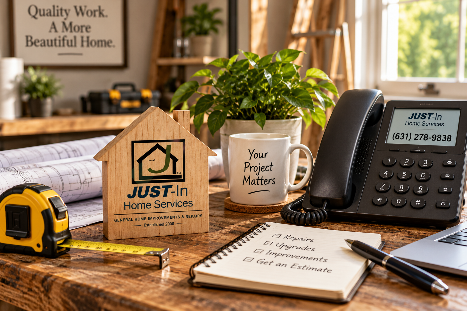 Home project planning desk with telephone, plans and JUST-In Home Services branding